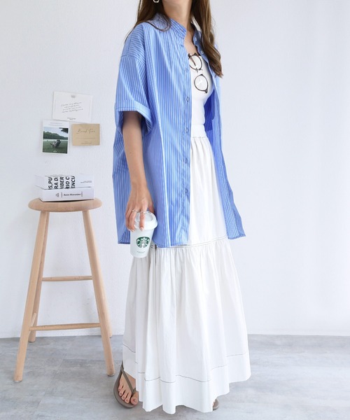 andme（アンドミー）の「ストライプバンドカラー半袖シャツ（シャツ/ブラウス・レディース・ホワイト×イエロー/イエロー/ホワイト×ブルー/ホワイト×グリーン/ブルー/グリーン・M/L）」の7枚目の写真
