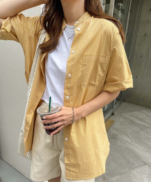 Maia マイア　ストライプ 半袖シャツ ポケット付き y3028_10.jpg