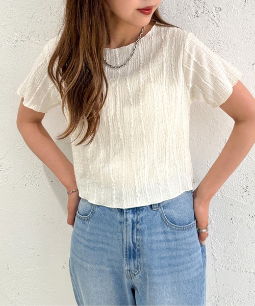 apres jour mignon(アプレジュールミニョン)の「カットジャガードTシャツ【ZOZOTOWN限定アイテム】(Tシャツ/カットソー・レディース・ブラック/アイボリー/グリーン・X-LARGE/フリー)」の8枚目の写真