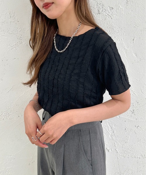 apres jour mignon(アプレジュールミニョン)の「カットジャガードTシャツ【ZOZOTOWN限定アイテム】(Tシャツ/カットソー・レディース・ブラック/アイボリー/グリーン・X-LARGE/フリー)」の13枚目の写真