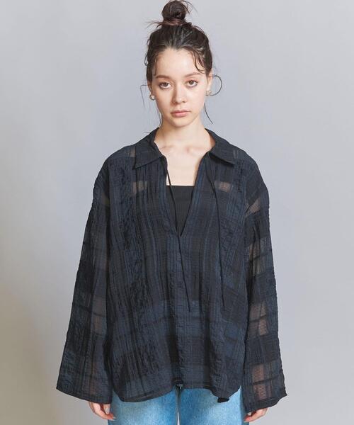 シアー チェック柄スキッパーシャツ　ネイビー BEAUTY&YOUTH UNITED ARROWS（ビューティーアンドユース