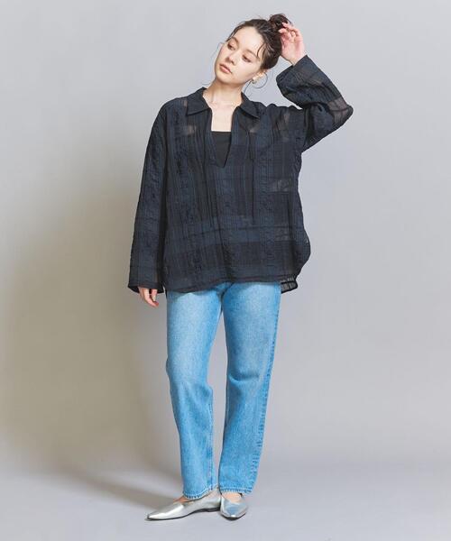 シアー チェック柄スキッパーシャツ　ネイビー BEAUTY&YOUTH UNITED ARROWS（ビューティーアンドユース