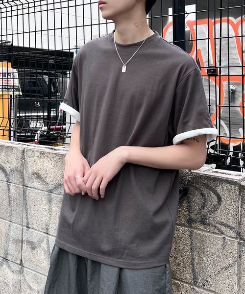 Figments(フィグメンツ)の「RVスリーブ刺繍ロゴT(Tシャツ/カットソー・レディース・グレー/オフホワイト/グリーン・SMALL/MEDIUM)」の1枚目の写真