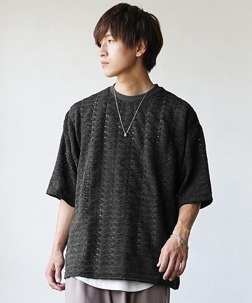 MinoriTY(マイノリティ)の「【唯一無二の編みデザイン】透かし編みジャガード編み柄サマーニット 半袖ニット ビッグシルエット オーバーサイズ サマーセーター メンズ 夏服 秋服(ニット/セーター・メンズ・ホワイト/グレー/ブラック・L/M)」の8枚目の写真
