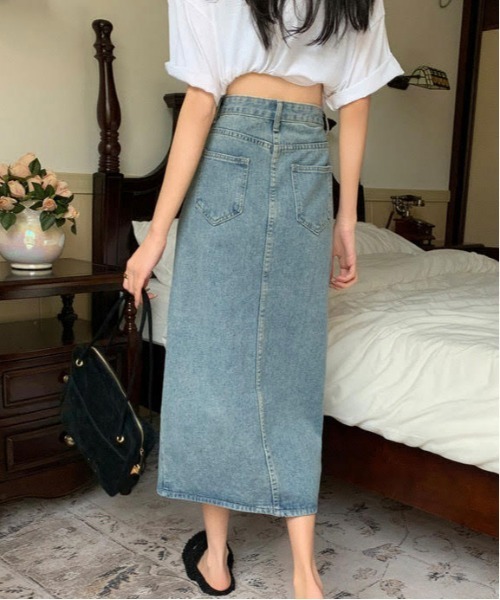 urge:(アージコロン )の「【URGE:】ハイウエスト フロントスリット デニムスカート(デニムスカート・レディース・ブルー・SMALL/MEDIUM/LARGE/X-LARGE)」の4枚目の写真