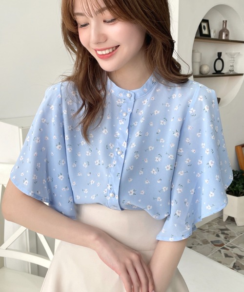 20 ADORE フラワープリント半袖トップスフリルとろみブラウス