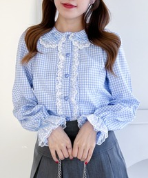 Loueme | ギンガムチェックハートボタンフリルブラウス(シャツ/ブラウス)