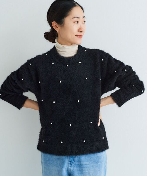 le.coeur blanc(ルクールブラン)の「フェザーヤーンパールデザインニット(ニット/セーター・レディース・ブラック/ベージュ/ピンク・38)」の6枚目の写真