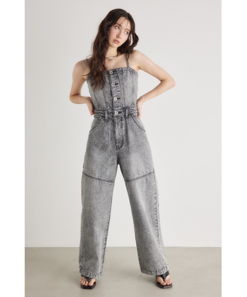 rienda（リエンダ）の「ビスチェライクデニムロンパース キャミ 夏服（サロペット/オーバーオール・レディース・ライトグレー/ライトブルー・MEDIUM/SMALL）」の2枚目の写真