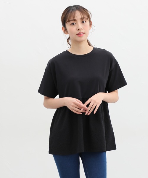 異素材ペプラムTシャツ （BLK） 異素材ペプラムTシャツ ペプラムT クルーネック 綿100％ ドット