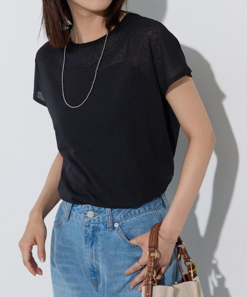 Pierrot(ピエロ)の「シアーフレンチスリーブカットソー クルーネック(Tシャツ/カットソー・レディース・ブラック/チャコール/イエロー/オフホワイト/ベージュ系その他/グレー系その他・L/M)」の3枚目の写真