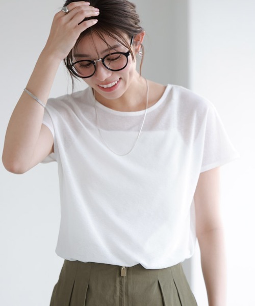 Pierrot(ピエロ)の「シアーフレンチスリーブカットソー クルーネック(Tシャツ/カットソー・レディース・ブラック/チャコール/イエロー/オフホワイト/ベージュ系その他/グレー系その他・L/M)」の13枚目の写真
