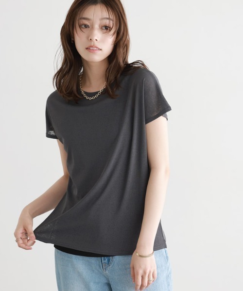 Pierrot(ピエロ)の「シアーフレンチスリーブカットソー クルーネック(Tシャツ/カットソー・レディース・ブラック/チャコール/イエロー/オフホワイト/ベージュ系その他/グレー系その他・L/M)」の8枚目の写真