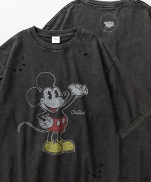 【Disney/ディズニー】ミッキーマウス レトロイラストプリント ヴィンテージ加工 ビッグシルエット半袖Tシャツ/リンガーT