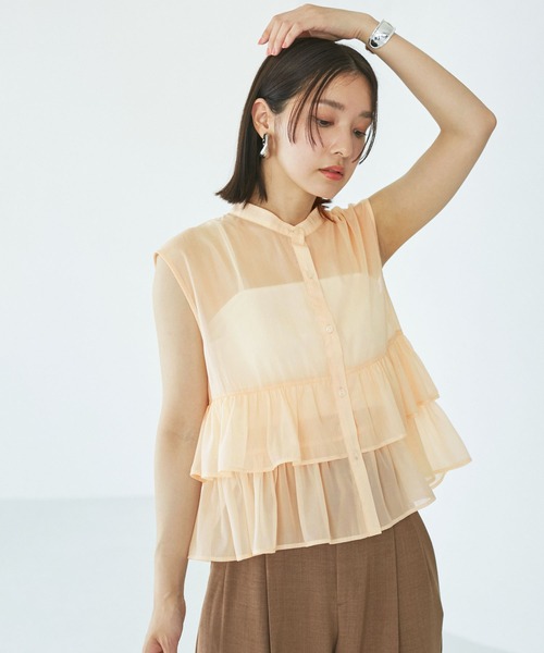 VIS（ビス）の「【洗える】シアーフリルブラウス（シャツ/ブラウス・レディース・ホワイト/チャコールグレー/ベージュ・FREE）」の5枚目の写真