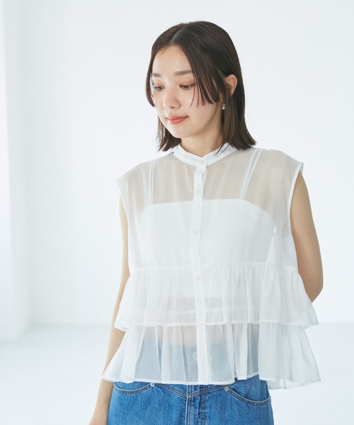 VIS（ビス）の「【洗える】シアーフリルブラウス（シャツ/ブラウス・レディース・ホワイト/チャコールグレー/ベージュ・FREE）」の7枚目の写真