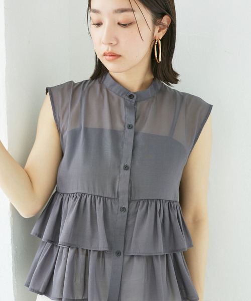 VIS（ビス）の「【洗える】シアーフリルブラウス（シャツ/ブラウス・レディース・ホワイト/チャコールグレー/ベージュ・FREE）」の12枚目の写真