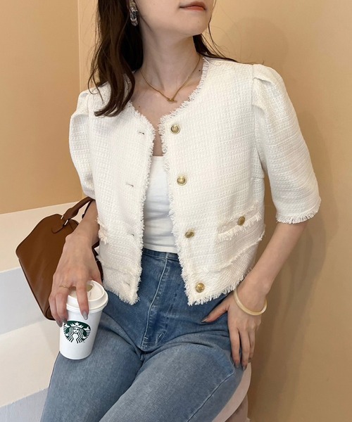 one after another NICE CLAUP(ワンアフターアナザーナイスクラップ)の「【再入荷】ツイードジャケット(ノーカラージャケット・レディース・ブラック/アイボリー/ミント・FREE)」の2枚目の写真