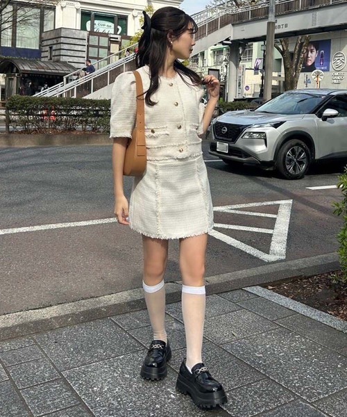 one after another NICE CLAUP(ワンアフターアナザーナイスクラップ)の「【再入荷】ツイードジャケット(ノーカラージャケット・レディース・ブラック/アイボリー/ミント・FREE)」の13枚目の写真