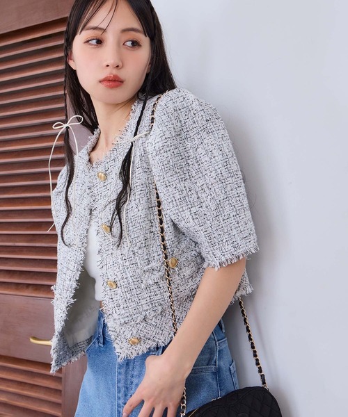 one after another NICE CLAUP(ワンアフターアナザーナイスクラップ)の「【再入荷】ツイードジャケット(ノーカラージャケット・レディース・ブラック/アイボリー/ミント・FREE)」の7枚目の写真