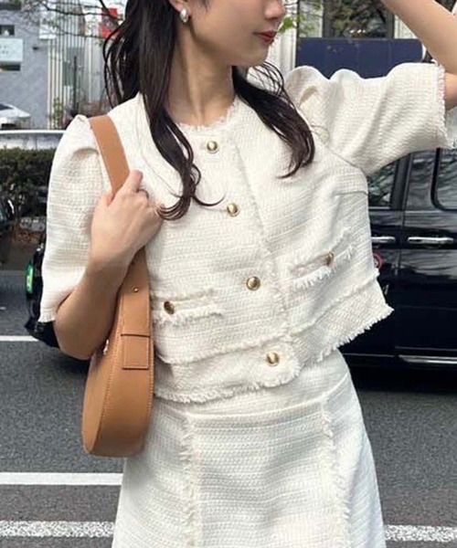 one after another NICE CLAUP(ワンアフターアナザーナイスクラップ)の「【再入荷】ツイードジャケット(ノーカラージャケット・レディース・ブラック/アイボリー/ミント・FREE)」の11枚目の写真