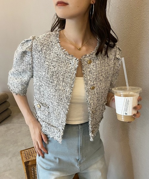 one after another NICE CLAUP(ワンアフターアナザーナイスクラップ)の「【再入荷】ツイードジャケット(ノーカラージャケット・レディース・ブラック/アイボリー/ミント・FREE)」の22枚目の写真