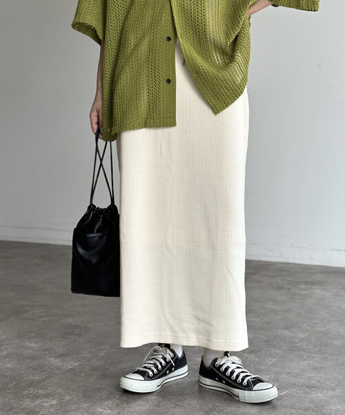 CPCM（シーピーシーエム）の「リブスカート（スカート・レディース・オリーブ/オレンジ/ブラック/グレー/アイボリー・SMALL/MEDIUM）」の2枚目の写真