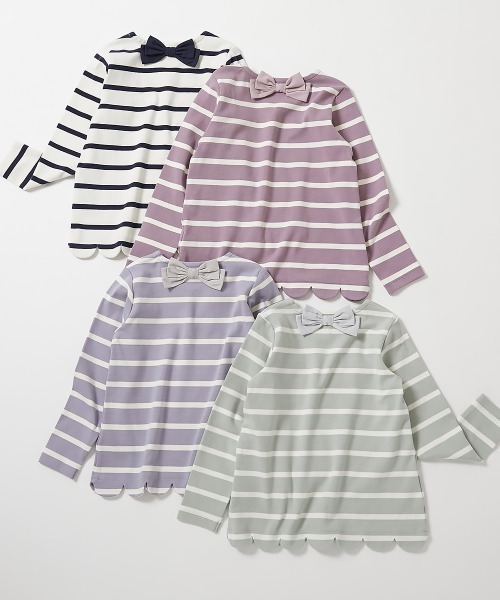 もちもちストレッチ 裾スカラップ 先染めボーダー 長袖Tシャツ（T