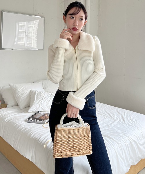 セール】ファー付ダブルZIPニットトップス（カーディガン/ボレロ