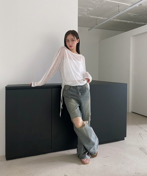 by muni:r（バイ ムニール）の「ヴィンテージダメージデニムワイドパンツ（デニムパンツ・レディース・ライトブルー/ブラック/ブルー・MEDIUM/SMALL）」の20枚目の写真