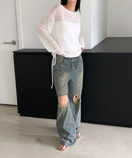 by muni:r（バイ ムニール）の「ヴィンテージダメージデニムワイドパンツ（デニムパンツ・レディース・ライトブルー/ブラック/ブルー・MEDIUM/SMALL）」の21枚目の写真