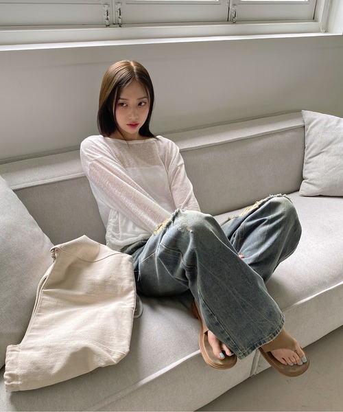 by muni:r（バイ ムニール）の「ヴィンテージダメージデニムワイドパンツ（デニムパンツ・レディース・ライトブルー/ブラック/ブルー・MEDIUM/SMALL）」の14枚目の写真