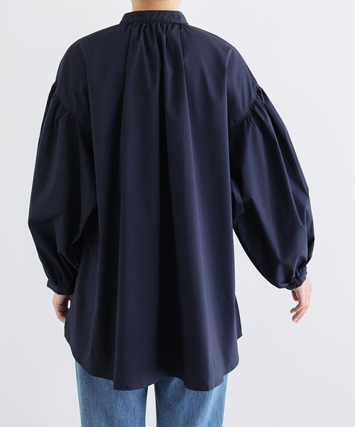 美品 newnow ニューナウ サージウールシャツ ネイビー オーバーサイズ M セール】イージーケアギャザーシャツブラウス（シャツ/ブラウス