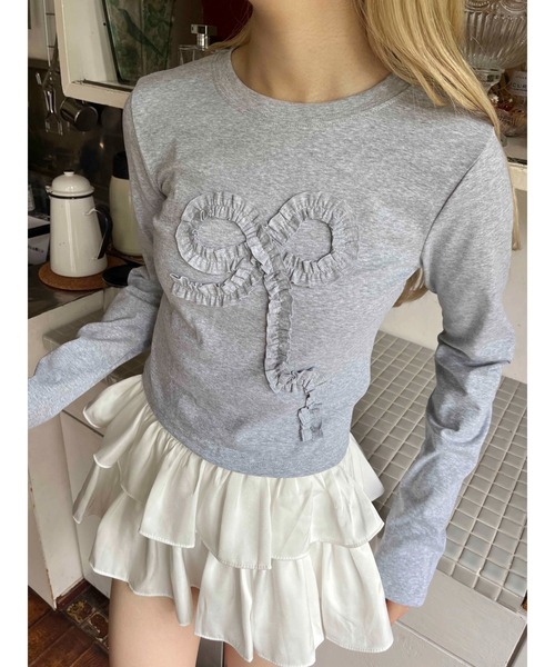 PHILLY（フィリー）の「【PHILLY】ギャザーリボントップス（Tシャツ/カットソー・レディース・グレー/ブラック/ホワイト・FREE）」の3枚目の写真