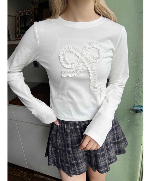 PHILLY（フィリー）の「【PHILLY】ギャザーリボントップス（Tシャツ/カットソー・レディース・グレー/ブラック/ホワイト・FREE）」の2枚目の写真