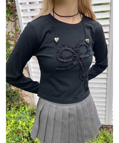 PHILLY（フィリー）の「【PHILLY】ギャザーリボントップス（Tシャツ/カットソー・レディース・グレー/ブラック/ホワイト・FREE）」の7枚目の写真