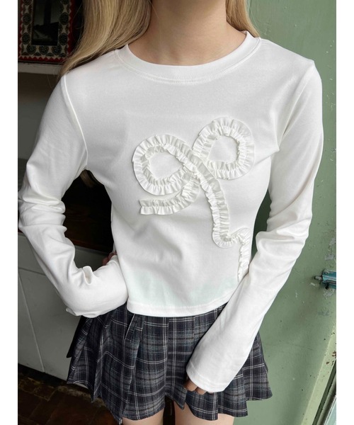 PHILLY（フィリー）の「【PHILLY】ギャザーリボントップス（Tシャツ/カットソー・レディース・グレー/ブラック/ホワイト・FREE）」の4枚目の写真