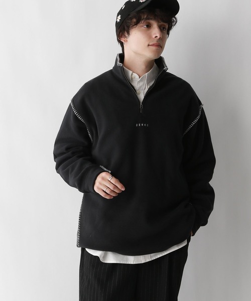 セール】フリース/ワンポイント刺繍ステッチハーフジップ（スウェット