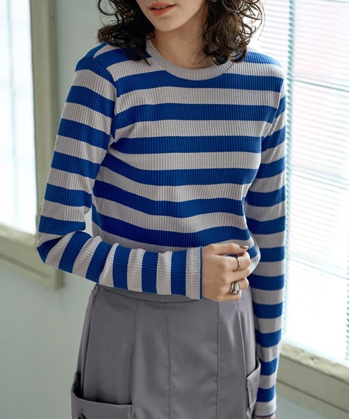 カラーボーダーリブトップス（Tシャツ/カットソー）｜STYLE DELI（スタイルデリ）