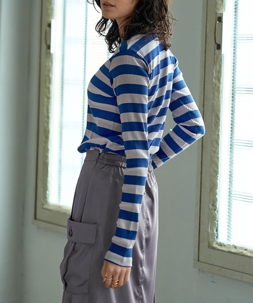 STYLE DELI(スタイルデリ)の「カラーボーダーリブトップス(Tシャツ/カットソー・レディース・グリーン/ボルドー/ブルー・FREE)」の9枚目の写真
