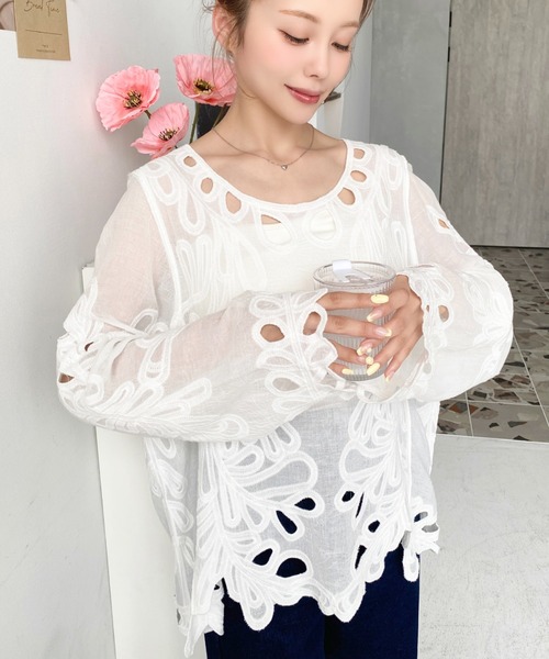 1263 ヌキテパ ブラウス 刺繍 長袖 インド綿 花柄 ホワイト フリーサイズ 1263 ヌキテパ ブラウス 刺繍 長袖 インド綿 花柄 ホワイト フリーサイズ