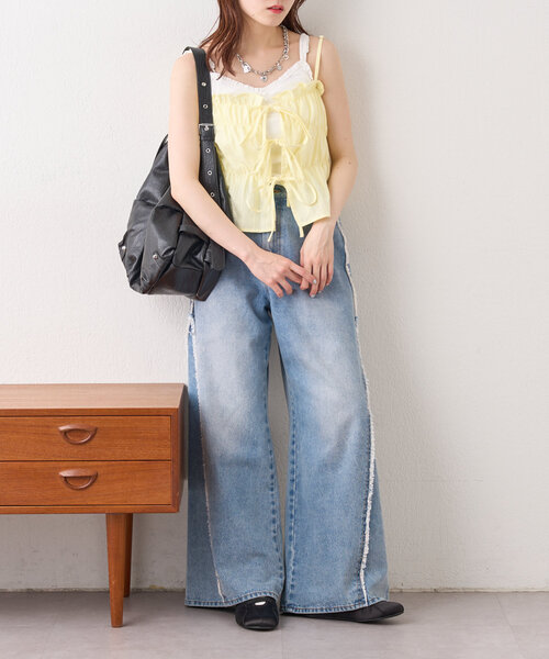 【wcloset】フリンジバギーデニムパンツ　ベージュ　S 着用動画あり！/5色展開/3サイズ展開】フリンジバギーデニム