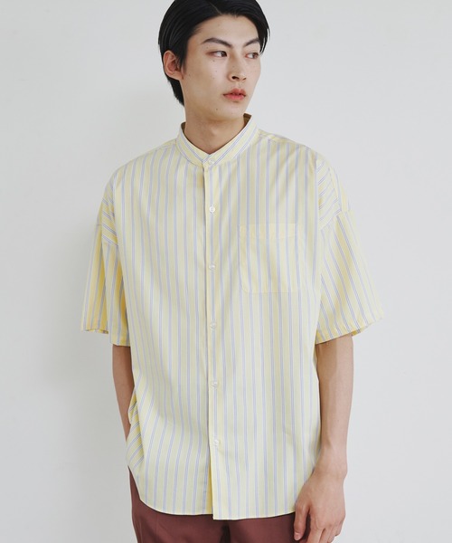 COMMON WARE(コモンウェアー)の「COMMONWARE:ビッグサイズバンドカラーシャツS/S(シャツ/ブラウス・メンズ・イエロー/ホワイト/グリーン/グリーン系/サックスブルー系/グレイッシュベージュ/ブラック×ホワイト/ラベンダー/ホワイト×ブルー/サックスブルー・XL/M/L)」の10枚目の写真