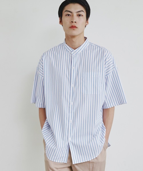 COMMON WARE(コモンウェアー)の「COMMONWARE:ビッグサイズバンドカラーシャツS/S(シャツ/ブラウス・メンズ・イエロー/ホワイト/グリーン/グリーン系/サックスブルー系/グレイッシュベージュ/ブラック×ホワイト/ラベンダー/ホワイト×ブルー/サックスブルー・XL/M/L)」の16枚目の写真