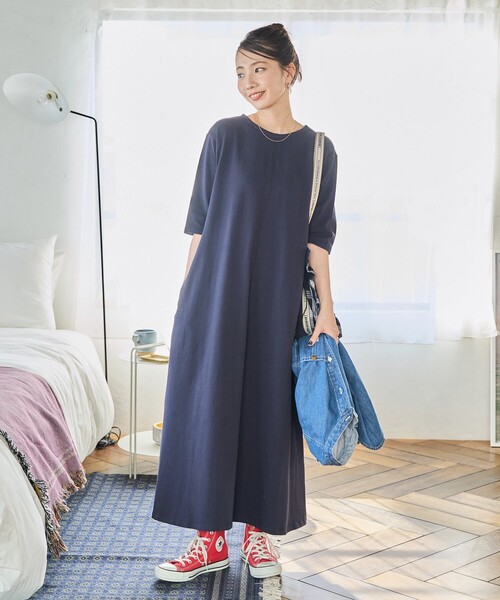 【美品】ネイビー 半袖 Aラインワンピース サイズ2 セール】限定展開 半袖 Aライン シルエット ワンピース