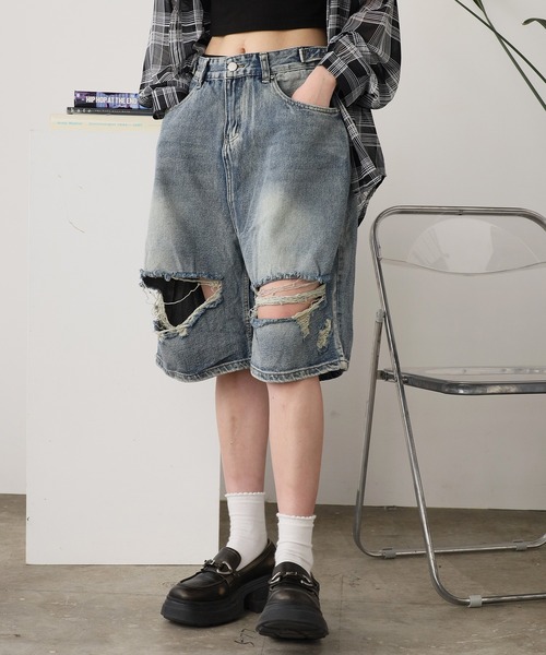 ROOPTOKYO(ループトウキョウ)の「ダメージ デニムショーツ ハーフパンツ(デニムパンツ・レディース・ブルー・FREE)」の12枚目の写真