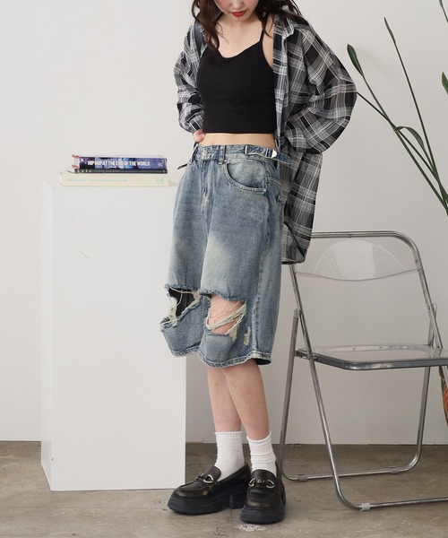 ROOPTOKYO(ループトウキョウ)の「ダメージ デニムショーツ ハーフパンツ(デニムパンツ・レディース・ブルー・FREE)」の14枚目の写真