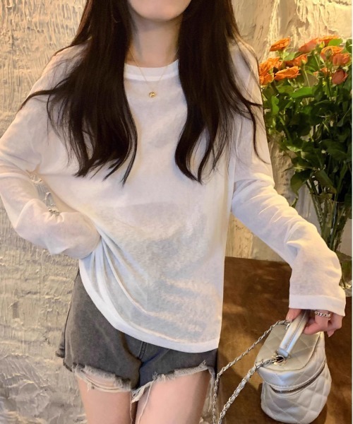 Per sist ence(パーシエンス)の「ロングスリーブシアートップス(Tシャツ/カットソー・レディース・イエロー/ホワイト/ピンク/ブルー/ブラック・FREE)」の1枚目の写真