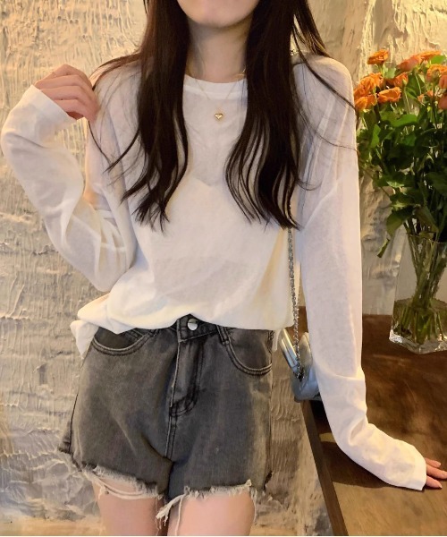 Per sist ence(パーシエンス)の「ロングスリーブシアートップス(Tシャツ/カットソー・レディース・イエロー/ホワイト/ピンク/ブルー/ブラック・FREE)」の8枚目の写真