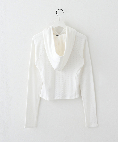 TUOMIO(トゥオミオ)の「【Geek Office / ギークオフィス】TUOMIO / トゥオミオ POINTELLE BUTTONED HOODIE(パーカー・レディース・ホワイト/ブラック・SMALL)」の5枚目の写真
